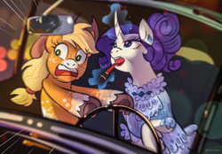 Size: 2048x1423 | Tagged: safe, artist:churrokat, applejack, rarity, earth pony, pony, unicorn, g4, alternate design, alternate hairstyle, applejack's hat, applying makeup, blonde mane, blue dress, blue eyes, body freckles, car, clothes, coat markings, colored fetlocks, colored hooves, colored muzzle, cowboy hat, curly mane, curved horn, detailed background, dress, driving, duo, duo female, ear piercing, earring, eyelashes, eyeshadow, female, freckles, frilly dress, glowing, glowing horn, gown, hat, hoof hold, horn, imminent crash, jewelry, leg fluff, leg freckles, lesbian, lidded eyes, lipstick, looking at something, looking up, magic, makeup, mare, meme, meme redraw, motion blur, open mouth, piercing, ponified meme, ponytail, purple mane, raised hoof, redesign, redraw, ship:rarijack, shipping, shrunken pupils, signature, socks (coat markings), sparkly dress, teeth, telekinesis, this will end in pain and/or death, tied mane, underhoof, unicorn horn, unshorn fetlocks, wall of tags, white coat, wingding eyes