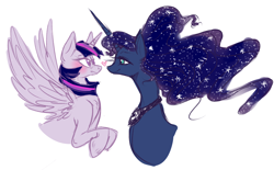 Size: 1362x845 | Tagged: safe, artist:hedgepods, princess luna, twilight sparkle, alicorn, pony, g4, blushing, bust, colored sketch, female, heart, lesbian, looking at each other, looking at someone, mare, ship:twiluna, shipping, simple background, sketch, spread wings, twilight sparkle (alicorn), white background, wings