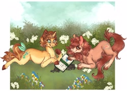 Size: 2048x1476 | Tagged: safe, artist:hedgepods, oc, oc only, oc:brianna, oc:faery ring, earth pony, pony, unicorn, book, duo, female, glasses, grass, horn, lying down, mare, prone, reading, unshorn fetlocks