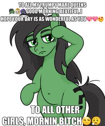Size: 1125x1353 | Tagged: safe, artist:jargon scott, oc, oc only, oc:anon-mare, oc:dyx, oc:nyx, alicorn, earth pony, pony, belly, belly button, emoji, female, frown, lidded eyes, mare, simple background, solo, text, white background