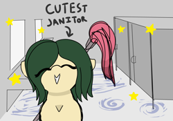 Size: 2500x1750 | Tagged: safe, artist:allhallowsboon, oc, oc only, oc:myrtle remedy, earth pony, pony, ^^, bathroom, bathroom stall, clean, cleaning, cream coat, earth pony oc, english, eyes closed, female, floppy ears, green mane, happy, looking at you, mare, mop, smiling, solo, text, working