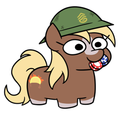 Size: 760x701 | Tagged: safe, alternate version, artist:jargon scott, earth pony, pony, army helmet, blaze (coat marking), coat markings, cute, facial markings, female, helmet, mare, mouth hold, poker chips, ponified, sergeant reckless, simple background, smiling, solo, squatpony, white background
