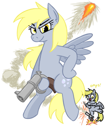 Size: 901x1080 | Tagged: safe, artist:jargon scott, derpy hooves, pegasus, pony, g4, female, flare gun, furrowed brow, hoof hold, looking at you, mare, oops, simple background, smiling, smiling at you, smirk, solo, white background