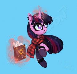 Size: 1051x1000 | Tagged: safe, artist:inkypuso, twilight sparkle, pony, unicorn, g4, alternate hairstyle, black socks, blue background, book, clothes, darkened hair, ear piercing, eyelashes, eyeshadow, flowing mane, glasses, glowing, glowing horn, goth, goth pony, gothic, horn, looking up, magic, magic aura, makeup, nose piercing, piercing, scarf, shirt, signature, simple background, socks, stars, striped scarf, tail, telekinesis, two toned mane, two toned tail, unicorn twilight