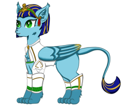 Size: 2800x2400 | Tagged: safe, artist:nismorose, oc, oc only, oc:acekara bow, sphinx, blue mane, cat nose, cat paws, cheek fluff, chest fluff, clothes, colored wings, ear fluff, female, green eyes, leg fluff, mare, multicolored hair, multicolored mane, multicolored wings, paws, simple background, slit pupils, transparent background, wings