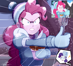 Size: 2134x1934 | Tagged: safe, artist:the-butch-x, pinkie pie, rarity, human, equestria girls, equestria girls series, g4, holidays unwrapped, saving pinkie's pie, spoiler:eqg series (season 2), clothes, fanart, female, food, fork, gloves, outdoors, tree, winter