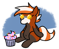 Size: 426x354 | Tagged: safe, artist:jargon scott, oc, oc only, oc:pandy cyoot, pony, red panda, red panda pony, belly button, cupcake, female, food, mare, plushie, simple background, solo, white background