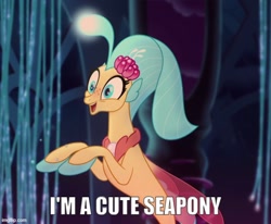 Size: 608x500 | Tagged: safe, edit, edited screencap, screencap, princess skystar, seapony (g4), g4, my little pony: the movie, bioluminescent, bubble, captain obvious, caption, cute, dorsal fin, female, fin, fin wings, fins, floppy ears, flowing mane, freckles, glowing, happy, i'm cute, image macro, imgflip, no shit sherlock, ocean, open mouth, open smile, seaquestria, smiling, swimming, text, throne room, truth, underwater, water, wings