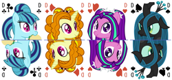 Size: 6400x3000 | Tagged: safe, artist:parclytaxel, adagio dazzle, aria blaze, queen chrysalis, sonata dusk, changeling, changeling queen, earth pony, pegasus, pony, unicorn, series:parcly's pony pattern playing cards, g4, .svg available, absurd resolution, bust, equestria girls ponified, female, food, horn, looking at you, mare, nom, pigtails, playing card, ponified, portrait, queen of clubs, queen of diamonds, queen of hearts, queen of spades, rotational symmetry, simple background, smiling, smiling at you, sonataco, spiked headband, taco, tarot card, that pony sure does love tacos, the dazzlings, twintails, vector, white background
