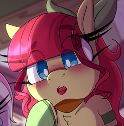 Size: 677x685 | Tagged: safe, artist:lockheart, torque wrench, earth pony, pony, g4, blushing, bust, chest fluff, close-up, eye clipping through hair, eyebrows, eyebrows visible through hair, female, lipstick, mare, offscreen character, preview, solo focus