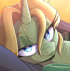 Size: 582x590 | Tagged: safe, artist:lockheart, dear darling, pony, unicorn, g4, bedroom eyes, chest fluff, close-up, eye clipping through hair, eyebrows, eyebrows visible through hair, female, horn, long eyelashes, looking at you, mare, preview, smiling, smiling at you, solo