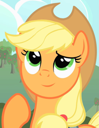 Size: 555x720 | Tagged: safe, edit, edited screencap, editor:twilyisbestpone, screencap, applejack, earth pony, pony, g4, party of one, season 1, cute, female, inverted mouth, jackabetes, looking up, mare, smiling, solo