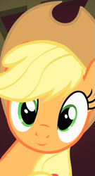 Size: 379x701 | Tagged: safe, edit, edited screencap, editor:twilyisbestpone, screencap, applejack, earth pony, pony, g4, party of one, season 1, cropped, cute, female, inverted mouth, jackabetes, looking at you, mare, smiling, smiling at you, solo