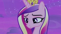 Size: 1920x1088 | Tagged: safe, screencap, princess cadance, g4, once upon a zeppelin, eyelashes, female, horn, lidded eyes, looking offscreen, multicolored hair, multicolored mane, night, pink body, smiling, solo, stars