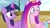 Size: 1920x1088 | Tagged: safe, screencap, princess cadance, twilight sparkle, alicorn, g4, once upon a zeppelin, duo, duo female, eyelashes, female, filly, foal, folded wings, hair, hair over one eye, hoof tapping, horn, long mane, mane, multicolored hair, multicolored mane, multicolored tail, open mouth, pink body, pink fur, purple body, purple fur, raised hoof, tail, twilight sparkle (alicorn), wide eyes, wings