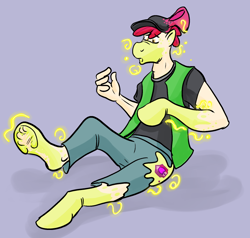 Size: 896x853 | Tagged: safe, artist:zho, apple bloom, human, pony, human to pony, magic, simple background, sitting, transformation