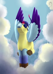 Size: 1000x1400 | Tagged: safe, artist:dagych, oc, oc only, pegasus, pony, 2021, blue sky, clothes, cloud, flight suit, flying, male, pegasus oc, shoes, solo, stallion