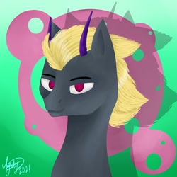 Size: 2160x2160 | Tagged: safe, artist:dagych, oc, oc only, pony, unicorn, 2021, abstract background, blonde mane, bust, gray coat, horn, red eyes, solo, unicorn oc