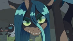 Size: 1016x571 | Tagged: safe, artist:ghoasthead, queen chrysalis, changeling, changeling larva, changeling queen, nymph, fangs, female, grub, larva, looking at you, mare, smiling, tongue out