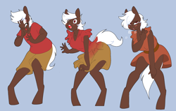 Size: 1500x952 | Tagged: safe, artist:koportable, oc, oc only, oc:cherry cordial, anthro, unguligrade anthro, blushing, clothes, commission, dress, male to female, panting, rule 63, shirt, shorts, simple background, solo, transformation, transformation sequence, transforming clothes, transgender transformation