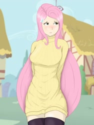 Size: 1620x2160 | Tagged: safe, artist:applelord, fluttershy, human, g4, blushing, clothes, humanized, long hair, looking away, ponyville, shy, socks, sweater, sweater dress, sweatershy, thigh highs