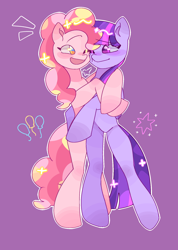 Size: 1440x2028 | Tagged: safe, artist:kuikuikui15441, pinkie pie, twilight sparkle, alicorn, earth pony, pony, semi-anthro, g4, female, horn, hug, lesbian, looking at each other, looking at someone, mare, open mouth, open smile, ship:twinkie, shipping, smiling, twilight sparkle (alicorn)