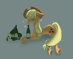 Size: 2500x2020 | Tagged: safe, artist:hede583748, applejack, earth pony, pony, bottle, dishevelled, drunk, female, floppy ears, green background, mare, simple background, solo, wine bottle
