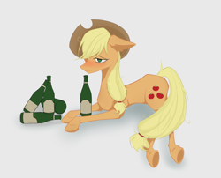 Size: 2500x2020 | Tagged: safe, alternate version, artist:hede583748, applejack, earth pony, pony, bottle, dishevelled, drunk, female, floppy ears, mare, simple background, solo, white background, wine bottle