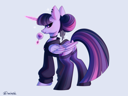 Size: 5333x4000 | Tagged: safe, artist:neonishe, twilight sparkle, alicorn, pony, g4, blue background, bow, butt, candy, choker, clothes, cute, dock, ear piercing, featureless crotch, female, food, hair bow, hair bun, hoodie, horn, lollipop, piercing, plot, simple background, solo, stockings, tail, thigh highs, twilight sparkle (alicorn), wings