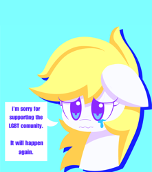 Size: 2048x2320 | Tagged: artist needed, safe, oc, oc only, oc:aryanne, earth pony, pony, caption, comments locked down, crying, homophobia, lgbt, pride, sad, speech bubble, text