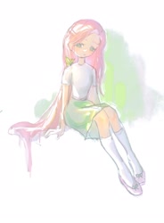 Size: 1640x2230 | Tagged: safe, artist:qiaoqiaosu52832, fluttershy, human, equestria girls, g4, anime, full body, humanized, simple background, sitting, solo, white background