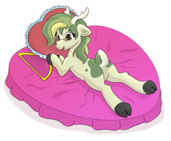 Size: 2355x1945 | Tagged: safe, artist:single purpose, oc, oc only, oc:rhythm fruit, deer, antlers, bed, butt, cloven hooves, deer oc, glasses, heart, looking at you, lyre, markings, musical instrument, non-pony oc, pillow, solo