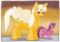 Size: 1280x905 | Tagged: safe, artist:ladone-delle-lumiere, part of a set, twilight sparkle, oc, oc:ladone, alicorn, dragon, jolteon, pony, anthro, anthro oc, anthro to pony, dragon oc, dragon to pony, duo, furry, furry oc, furry to pony, giant pony, macro, male, male to female, non-pony oc, pokémon, pokémon to pony, ponified, rule 63, size difference, transformation, transformation sequence, transgender transformation, twilight sparkle (alicorn)