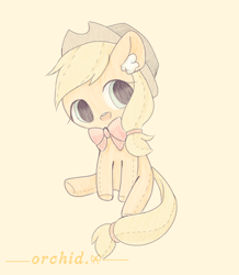 Size: 1286x1477 | Tagged: safe, artist:orchidlanlan738, applejack, earth pony, pony, g4, bowtie, colored ear fluff, cute, ear fluff, female, mare, open mouth, open smile, orange background, plushie, simple background, sitting, smiling, solo