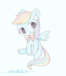 Size: 1286x1477 | Tagged: safe, artist:orchidlanlan738, rainbow dash, pegasus, pony, g4, blue background, bowtie, colored ear fluff, cute, cyan background, ear fluff, female, mare, plushie, simple background, sitting, smiling, solo, spread wings, wings