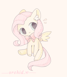 Size: 1286x1477 | Tagged: safe, artist:orchidlanlan738, fluttershy, pegasus, pony, g4, :o, bowtie, colored ear fluff, cute, ear fluff, emanata, female, mare, open mouth, plushie, shyabetes, simple background, sitting, solo, spread wings, wings, yellow background
