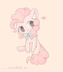 Size: 1286x1477 | Tagged: safe, artist:orchidlanlan738, pinkie pie, earth pony, pony, g4, :3, bowtie, colored ear fluff, cute, ear fluff, female, floating heart, heart, mare, pink background, plushie, simple background, sitting, solo