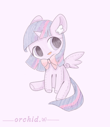 Size: 1286x1477 | Tagged: safe, artist:orchidlanlan738, twilight sparkle, alicorn, pony, g4, bow, bowtie, colored ear fluff, cute, ear fluff, female, mare, open mouth, open smile, plushie, purple background, simple background, sitting, smiling, solo, spread wings, twilight sparkle (alicorn), wings
