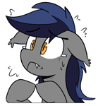 Size: 1300x1400 | Tagged: safe, artist:icey, oc, oc only, oc:echo, bat pony, pony, adorable distress, cute, floppy ears, hooves together, simple background, solo, sticker, transparent background
