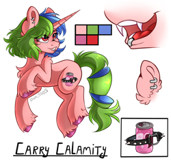 Size: 2200x2091 | Tagged: safe, artist:yuris, oc, oc only, oc:carry calamity, pony, unicorn, chest fluff, colored hooves, cutie mark, ear piercing, earring, ears up, eye clipping through hair, eyebrows, eyebrows visible through hair, fangs, female, horn, jewelry, lip piercing, mare, open mouth, piercing, red eyes, reference, reference sheet, shoulder fluff, simple background, smiling, solo, tail, turned head, two toned mane, two toned tail, unicorn oc, unshorn fetlocks, white background