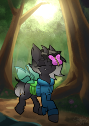 Size: 744x1052 | Tagged: safe, artist:chiefywiffy, oc, oc only, butterfly, changeling, changeling oc, clothes, commission, eyes closed, forest, forest background, hoodie, male, nature, scenery, solo, stallion, tree