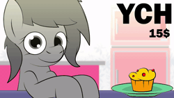 Size: 1024x576 | Tagged: safe, artist:vilord, oc, earth pony, pony, animated, commission, cupcake, eating, food, gif, looking at you, smiling, your character here