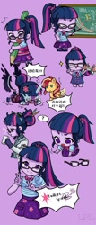 Size: 720x1680 | Tagged: safe, artist:chaomeinaixindebaojiangwan252, sci-twi, sunset shimmer, twilight sparkle, human, equestria girls, g4, chalkboard, clothes, coffee, coffee mug, drone, goggles, humanized, lab coat, midnight sparkle, mug, pencil, selfie drone