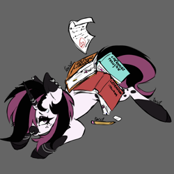 Size: 2048x2048 | Tagged: safe, artist:toxikil, oc, oc only, oc:blitz chord, pony, unicorn, book, bracelet, coat markings, ear piercing, earring, emo, gray background, horn, horn ring, jewelry, lying down, makeup, nose piercing, nose ring, paper, pencil, piercing, ring, scene, simple background, socks (coat markings), solo, tired