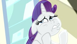 Size: 1920x1088 | Tagged: safe, screencap, rarity, unicorn, dragon dropped, g4, season 9, colored pupils, expression, expressions, eyelashes, facial expressions, frown, hairstyle, hasbro, horn, looking up, purple hair, purple mane, sad, solo, teeth, white coat, white fur