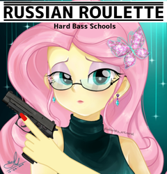 Size: 1194x1242 | Tagged: safe, artist:edy_january, artist:fluttershy_art.nurul, fluttershy, human, equestria girls, g4, my little pony equestria girls: better together, agent, album, album cover, album parody, butterfly hairpin, clothes, dress, geode of fauna, glasses, gun, handgun, hardbass, jewelry, magical geodes, music, p220, pistol, russian roulette, secret agent, solo, song, song reference, the matrix, trigger discipline, weapon