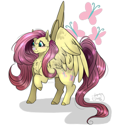 Size: 1024x1120 | Tagged: safe, artist:legendaryshadee, fluttershy, butterfly, pony, g4, blushing, butterfly on nose, chest fluff, deviantart watermark, insect on nose, obtrusive watermark, simple background, solo, transparent background, watermark