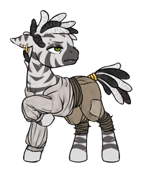 Size: 1088x1311 | Tagged: safe, artist:multiverseequine, derpibooru exclusive, oc, oc only, oc:zuberi, pony, zebra, clothes, ear piercing, eye scar, eyebrow piercing, facial scar, female, female oc, frown, full body, green eyes, jewelry, looking back, mare, pants, piercing, raised hoof, ring, scar, shirt, simple background, solo, striped mane, stripes, tail, tail ring, transparent background, zebra oc