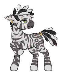 Size: 1088x1311 | Tagged: safe, alternate version, artist:multiverseequine, derpibooru exclusive, oc, oc only, oc:zuberi, pony, zebra, ear piercing, eye scar, eyebrow piercing, facial scar, female, female oc, frown, full body, green eyes, jewelry, looking back, mare, piercing, raised hoof, ring, scar, simple background, solo, striped mane, stripes, tail, tail ring, transparent background, zebra oc
