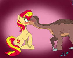 Size: 2292x1824 | Tagged: safe, artist:holdenwolfart, sunset shimmer, dinosaur, pony, sauropod, unicorn, g4, apatosaurus, blushing, crack shipping, crossover, crossover shipping, cursed image, eyes closed, female, gradient background, horn, interspecies, kiss on the lips, kissing, littlefoot, male, shipping, straight, surprised, the land before time, wat